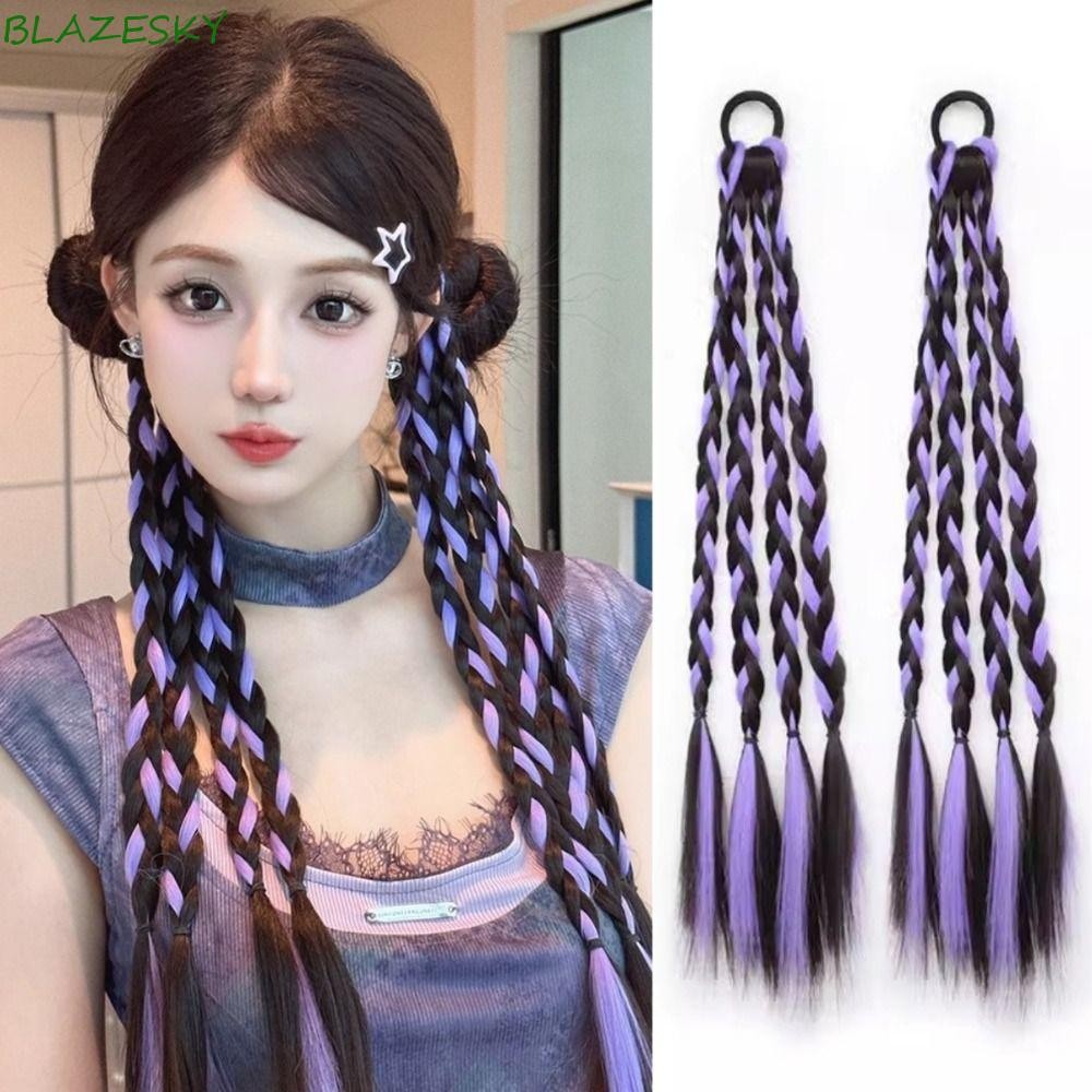 บลาเซสกี้ 2ชิ้นที่มีสีสันบิดถักเปีย,ไฮไลท์ยาวมวยถักเปียวิกผมหางม้า,ทนความร้อนยืดหยุ่นปลอมจําลองผมเปียพรรค