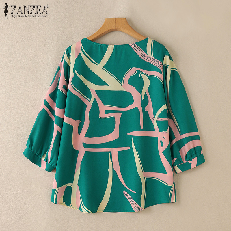 ZANZEA ซานเซีย ผู้หญิงลําลองรอบคอเรขาคณิตพิมพ์หลวม3/4แขนเสื้อ — صورة 8