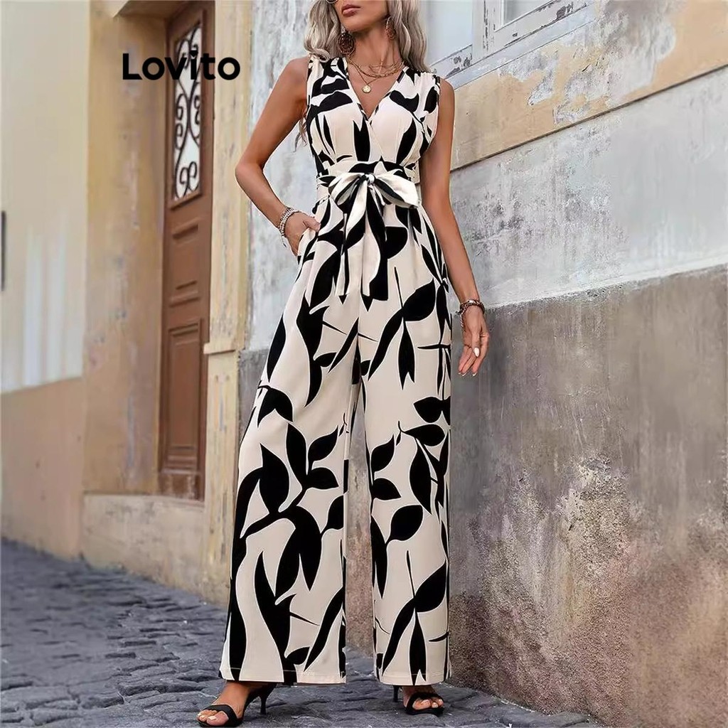 Lovito ดอกไม้ลำลองลูกไม้ขึ้นจั๊มสูทสำหรับผู้หญิง LNL75544