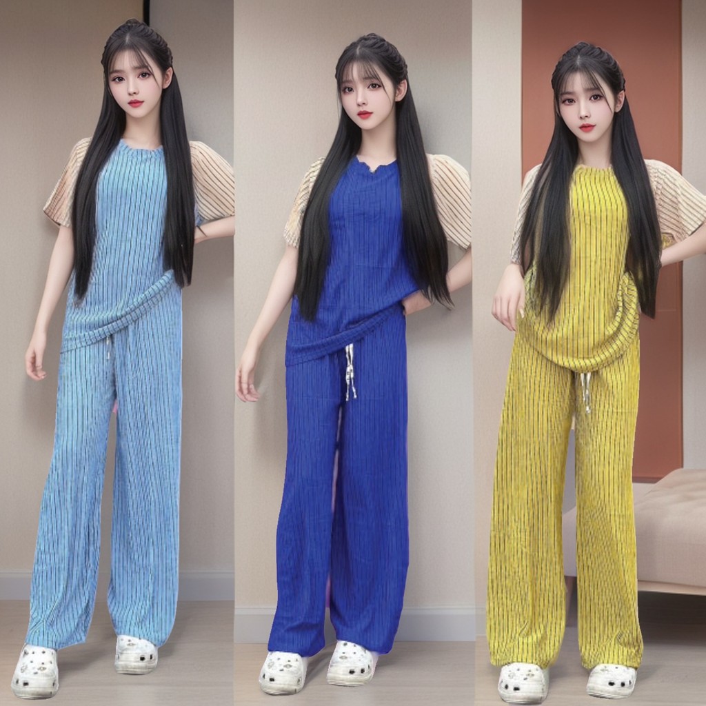S176 ชุดเซ็ต 2 ชิ้น ผ้าทอฟฟี่ ผ้าเปลือกไม้ สีพื้น ลายทาง กางเกงมีเชือก ไม่มีกระเป๋าข้าง