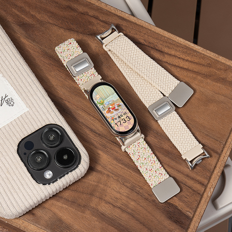 Magnetic Braided Loop Bands สําหรับ Xiaomi Smart Band 9 Mi Band 8 สร้อยข้อมือผู้หญิงผู้ชายยืดไนลอนยืดหยุ่นสายกีฬา