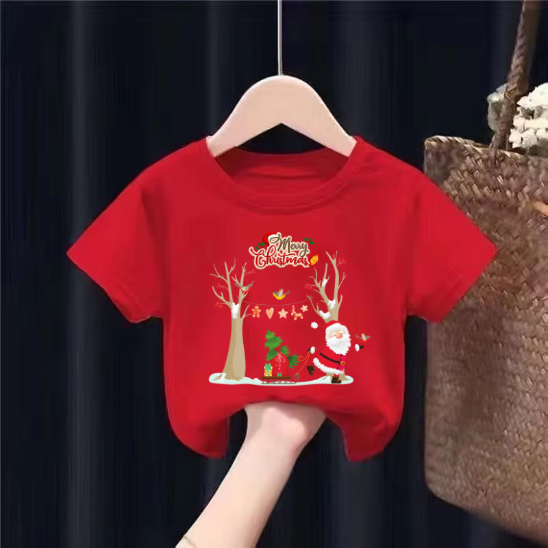 (จัดส่งตลอด 24 ชั่วโมง) Merry Christmas เสื้อยืดเด็กพิมพ์ลายการ์ตูน วันคริสมาส Merry Christmas ผ้าฝ้าย Pattern90-150