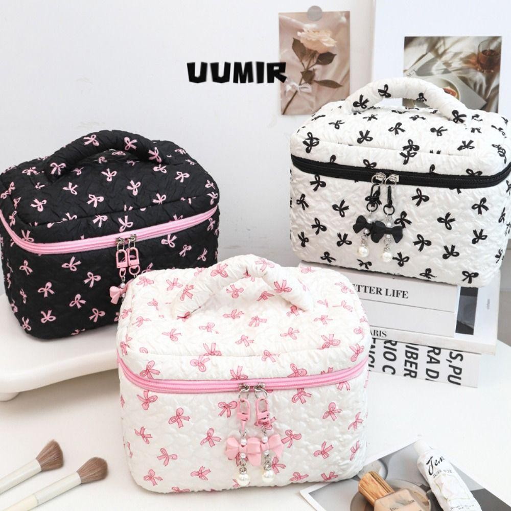 Uumir กระเป๋าเครื่องสําอาง, กระเป๋าแต่งหน้าความจุขนาดใหญ่สีชมพู, แฟชั่น Bowknit Print Toiletry Bag Travel