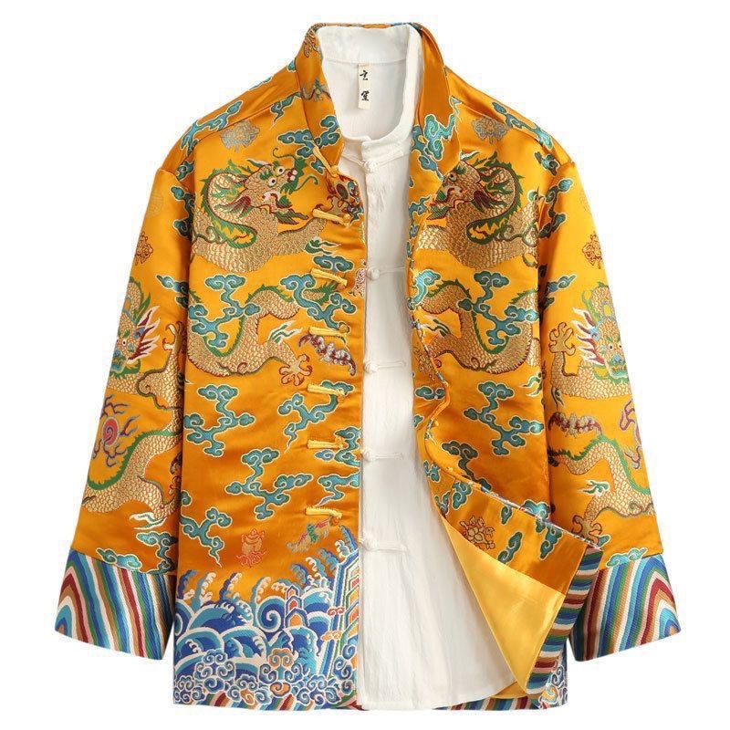 High-end หอม Cloud เส้นด้ายหม่อนผ้าไหมฤดูใบไม้ผลิ Dragon Robe เสื้อผู้ชายแห่งชาติอินเทรนด์สไตล์จีนหัวเข็มขัดด้านบนกลางความยาวใหม่ปี LF11.3