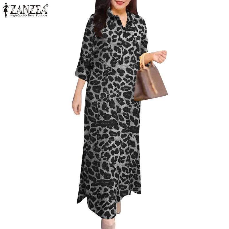 Zanzea ชุดเดรสเสื้อเชิ้ตทรงหลวมแขน 3/4 สําหรับผู้หญิงวินเทจทุกวัน