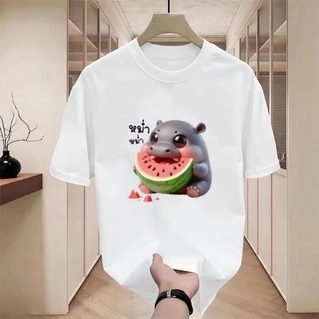 【ส่งจากไทย】เสื้อยืดผู้ใหญ่ เสื้อแขนสั้นผ้ายืดลายฮิปโป หมูเด้ง