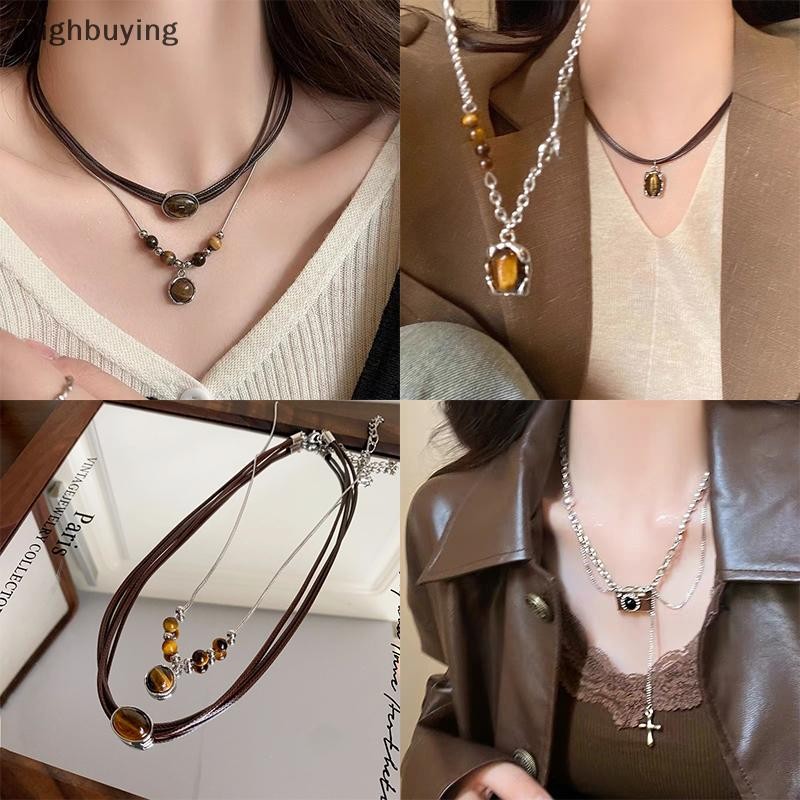 [การซื้อสูง] วินเทจหนังหินสีน้ําตาลจี้สร้อยคอซ้อนเค้นคออารมณ์กระดูกไหปลาร้าโซ่สําหรับผู้หญิงสาวฤดูใบไม้ร่วงฤดูหนาวสร้อยคอหุ้นใ