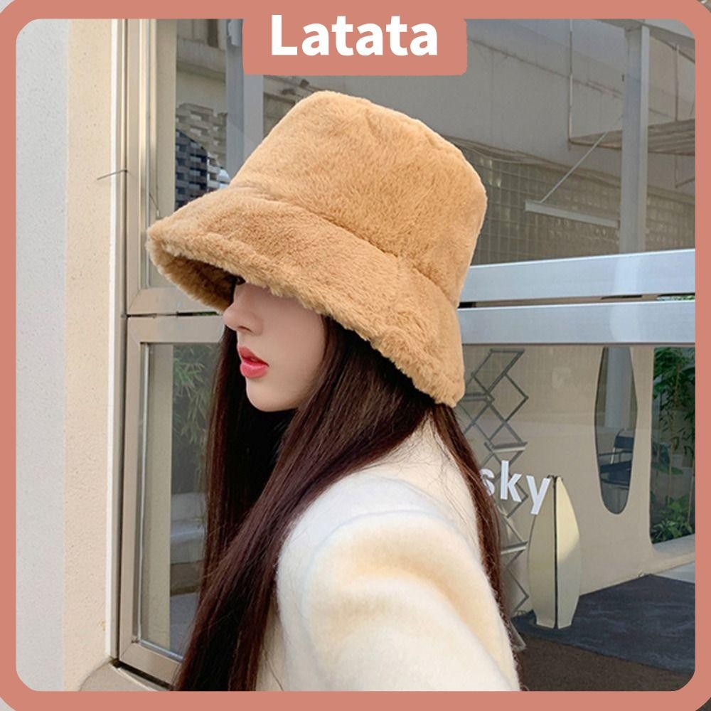 Latata Bucket Hat, Soft Faux Fur Winter Hat, Fashion Solid Color Warm Fishermans Cap Women Lady