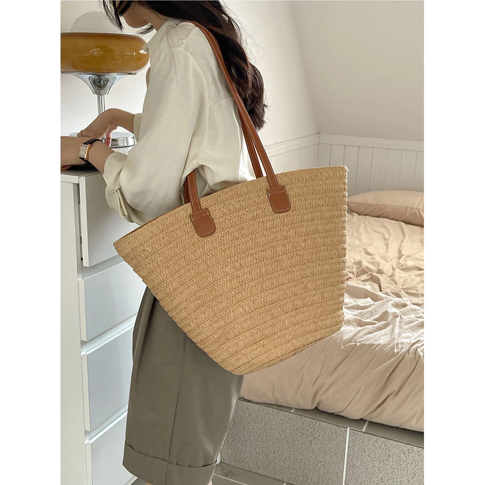 กระเป๋าสาน สายหนัง ทรงshoppping bag minimal P156