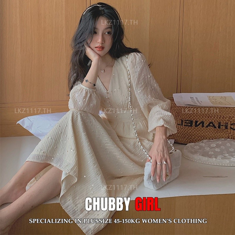 Plus size เสื้อผ้าสาวอวบ เดรสสาวอวบอ้วน ไซส์ใหญ่ ผู้หญิง ชุดออกงาน ทรงหลวม แขนยาว คอวี สีขาว ฤดูใบไม้ผลิ สไตล์เกาหลีแฟชั่น