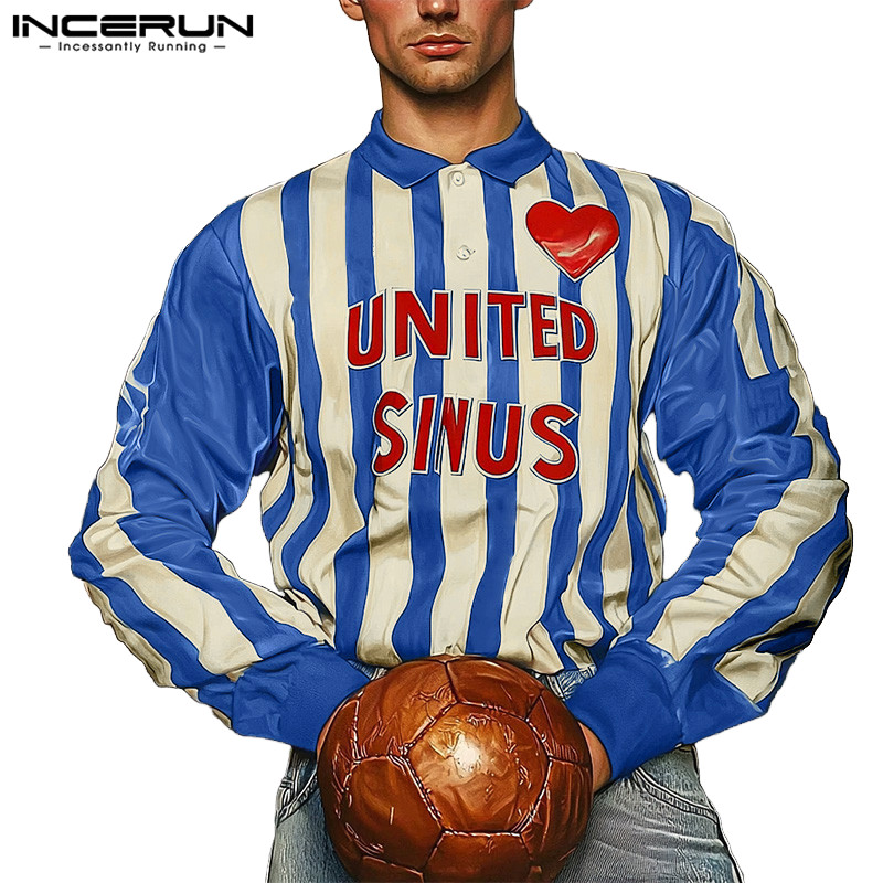 Incerun ผู้ชายแฟชั่นวินเทจปกลายพิมพ์เสื้อโปโลแขนยาว