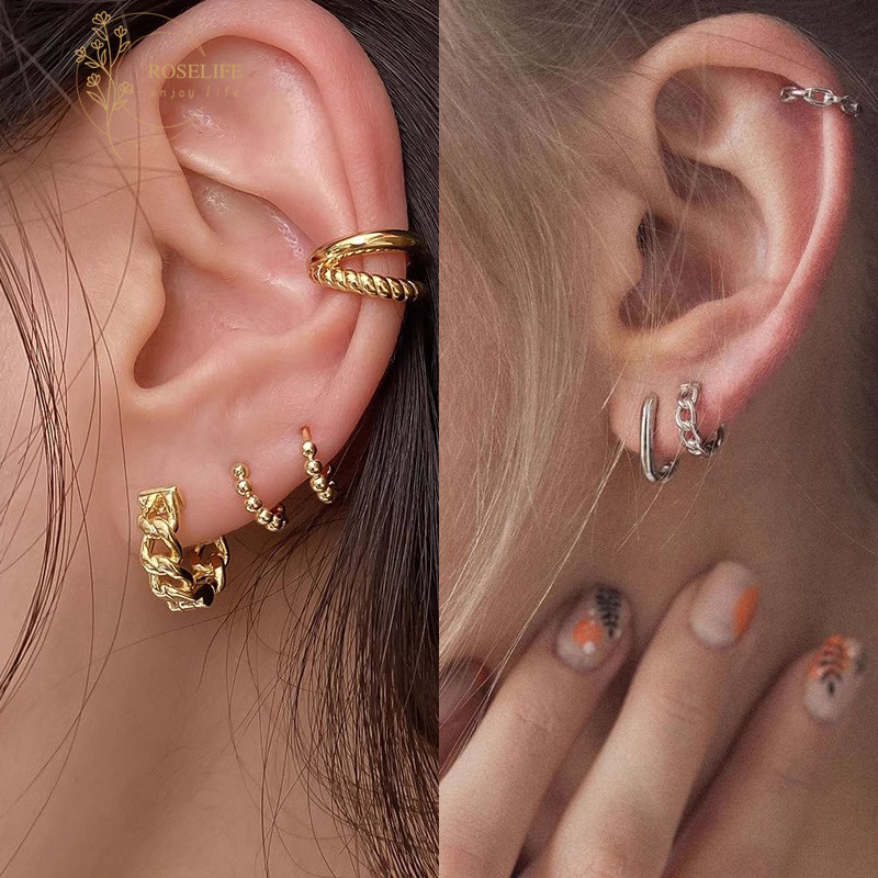 Roselife 2 ชิ้นเงิน Twisted Chain Hoop ต่างหูสําหรับผู้หญิงสาวแฟชั่นเครื่องประดับหู
