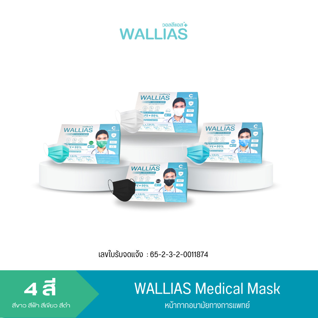 WALLIAS Mask หน้ากากอนามัย หนา 3 ชั้น ป้องกันได้ 98 % กันฝุ่น คุณภาพดี
