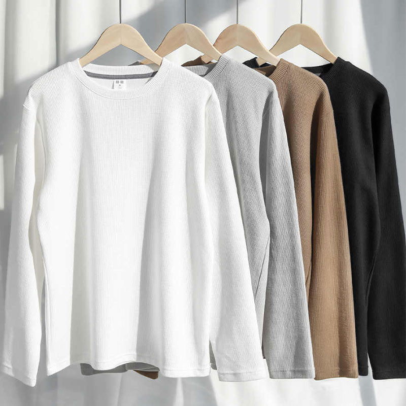 เสื้อยืดแขนยาวแบบเรียบง่ายสำหรับผู้ชาย เสื้อยืดคอกลมแบบคลาสสิก 6 สี