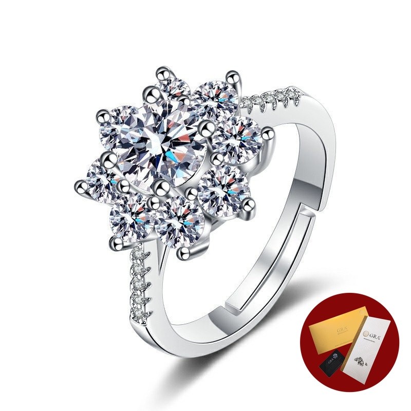 (พร้อมใบรับรอง Gra) S925 แหวนเพชรดอกไม้ดอกทานตะวันสีเงินแหวน Moissanite ขั้นสูง