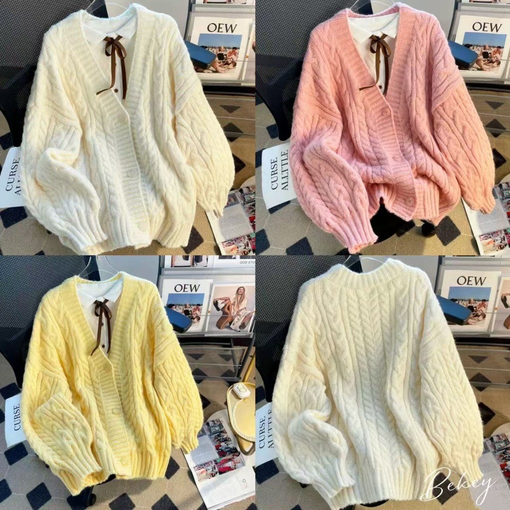 (พร้อมส่งจากกรุงเทพ🇹🇭)เสื้อคาร์ดิแกนถักแบบหนาทันสมัยสำหรับผู้หญิงเสื้อสเวตเตอร์หลวมแขนยาวแบบใหม่ RR103