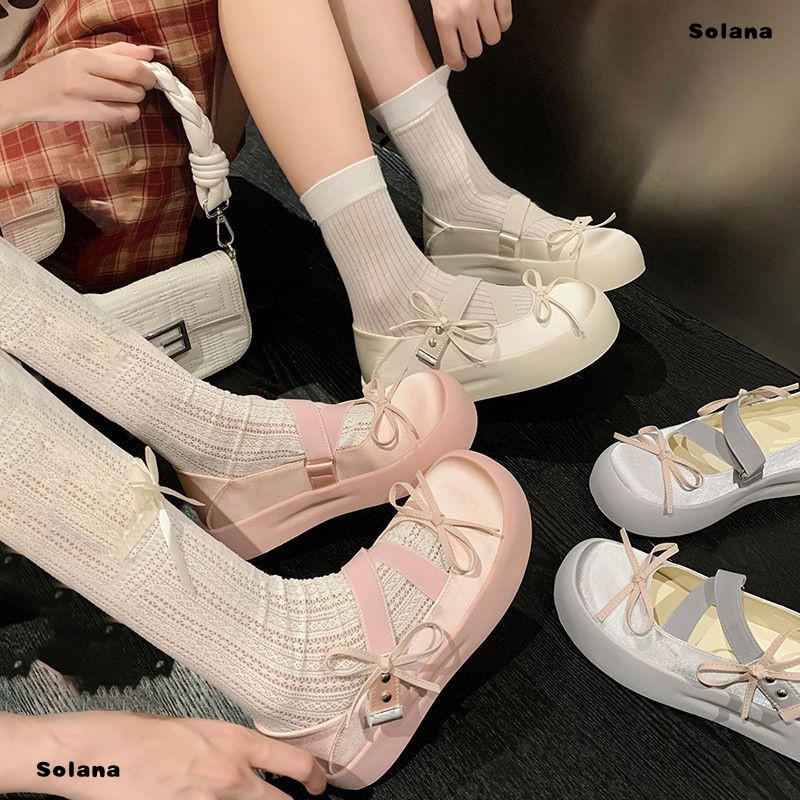 [Solana] สไตล์เกาหลีสไตล์ใหม่รอบนิ้วเท้าหวานเย็นสบายๆทุกการแข่งขันซาตินหนาsoledรองเท้าสตรีแมรี่เจนรองเท้าปากตื้น
