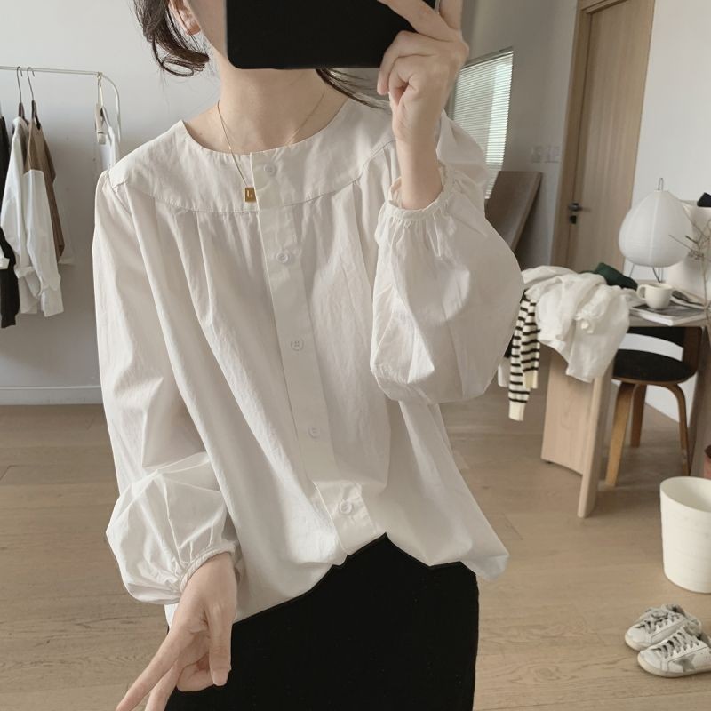 🎀Mona🎀สีทึบ แขนยาว คอกลม เสื้อเชิ้ต ความเรียบง่าย แฟชั่น สไตล์ใหม่