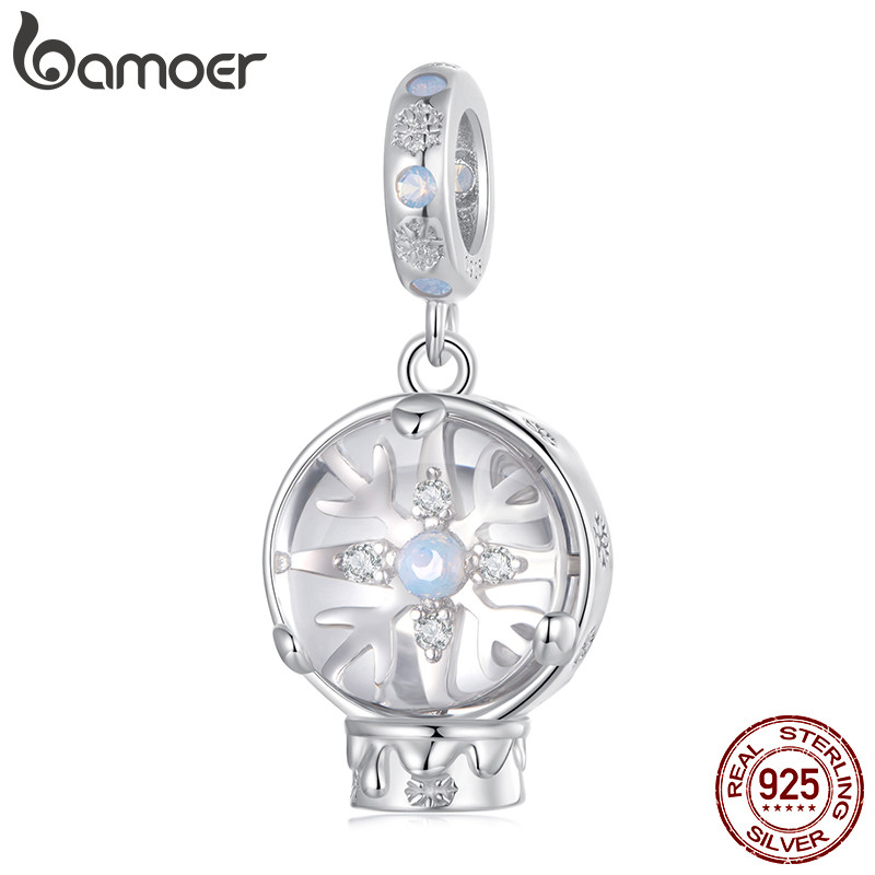 Bamoer S925 Charm Christmas Snowflake Crystal Ball จี้ออกแบบ DIY สําหรับสร้อยข้อมือของขวัญสําหรับผู้หญิง