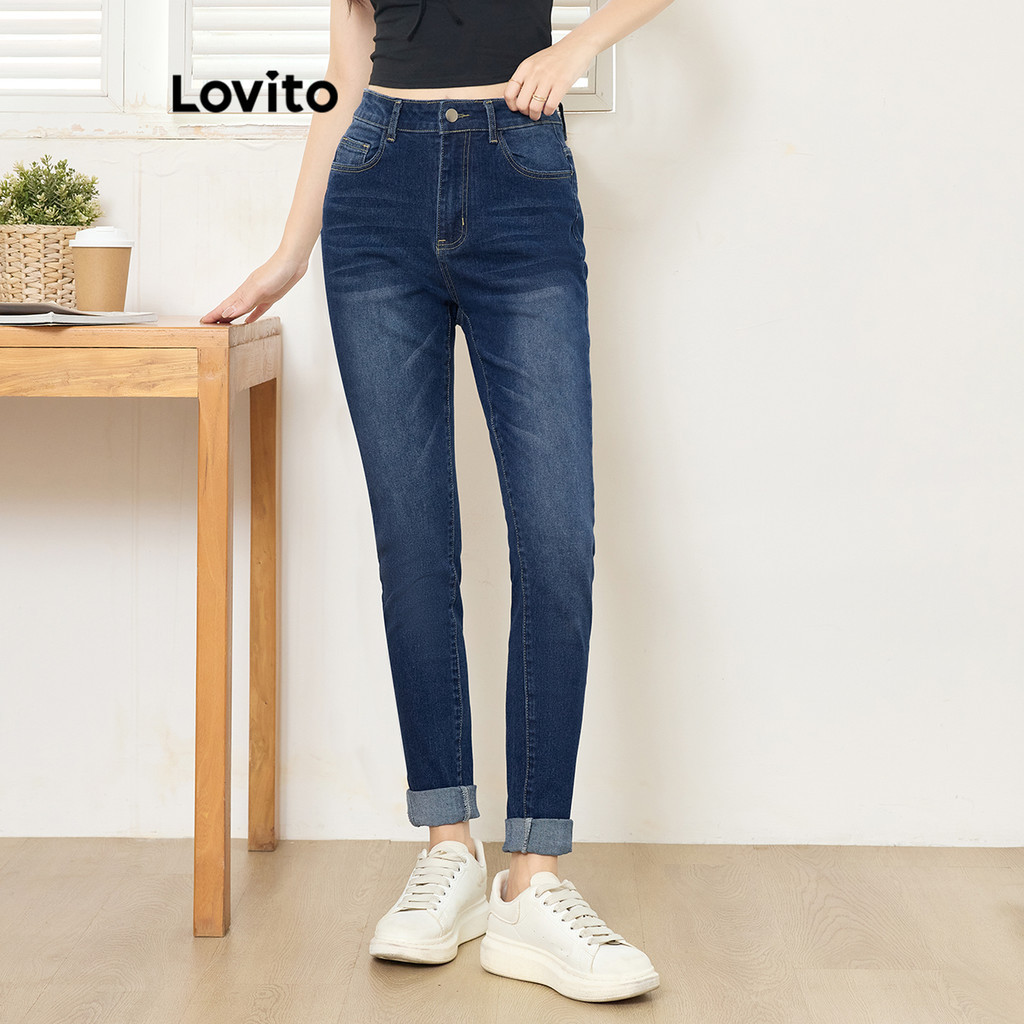 Lovito กางเกงยีนส์กระเป๋าธรรมดาสำหรับผู้หญิง L104ED042