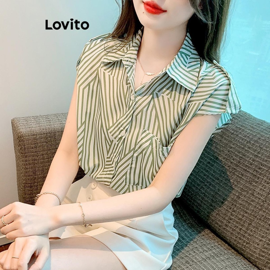 Lovito เสื้อเบลาส์ผู้หญิง ลายทาง เรขาคณิต สไตล์โมเดส LNE57657