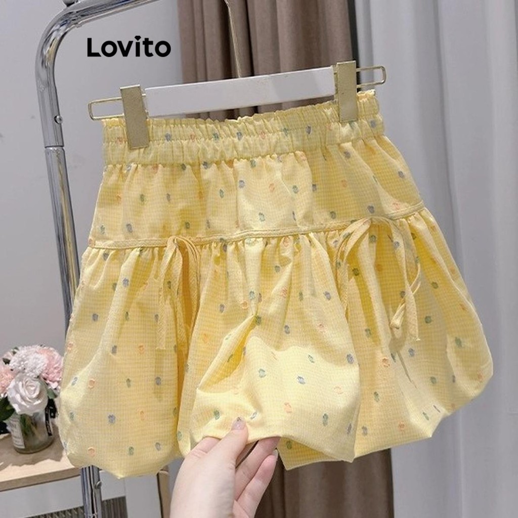 Lovito กระโปรงผู้หญิง แต่งสายผูก ลายจุด สไตล์ลำลอง LNA66236