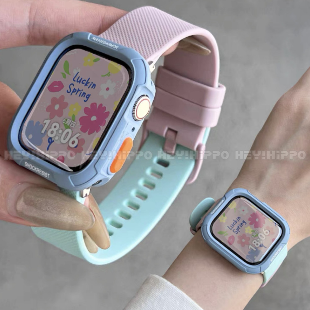 สายรัดเกลียวสีลูกกวาด+เคสป้องกันอัพเกรดเหมาะสําหรับสมาร์ทวอทช์ซีรีส์ 10/9/8/7/6/5/SE/4/3 เหมาะสําหรับ iwatch 49/46/45/44/42/41/40/38 มม.