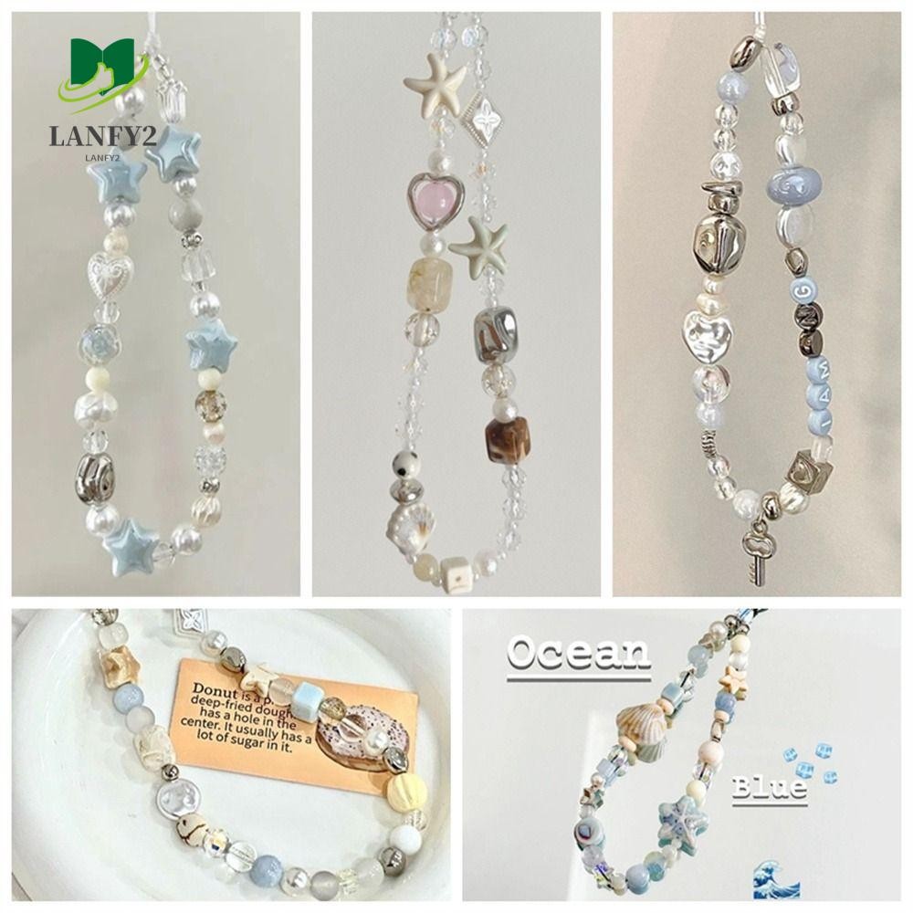 Alanfy ลูกปัดโซ่โทรศัพท์, Star Pearl แขวนสายโทรศัพท์, เครื่องประดับโทรศัพท์ฤดูร้อนโทรศัพท์ Charms Handmade Mobile Lanyard เครื่องประดับของขวัญ