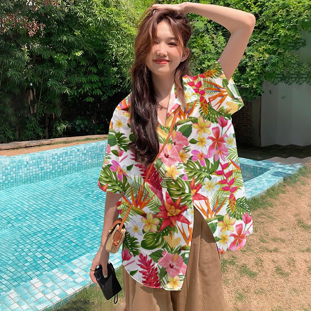 2568 Happy Water-Repellent เสื้อชีฟองเกาหลี Water-Repellent เสื้อแขนสั้นผู้หญิงฤดูร้อนดอกไม้พิมพ์ Sun Protection Robe เสื้อผ้าวันหยุดสาว Street เสื้อผ้า