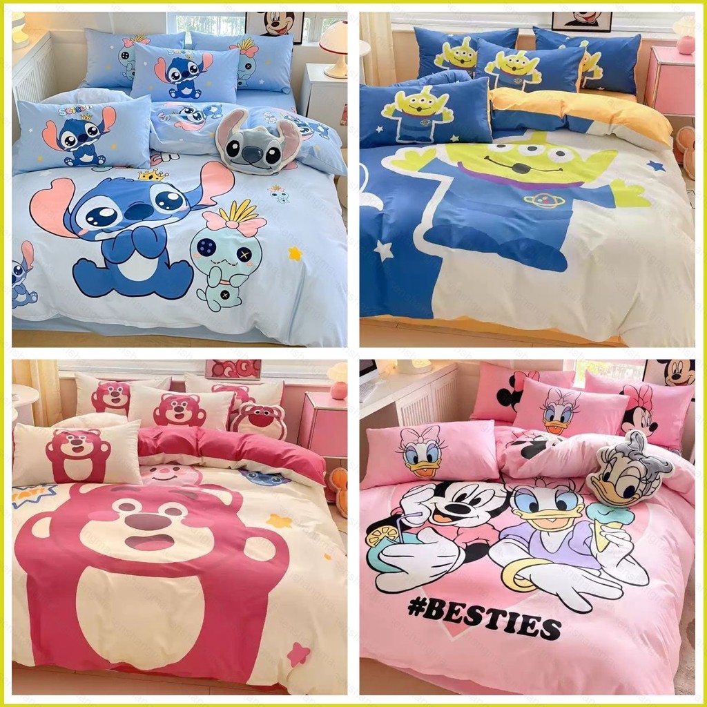 PS1 Disney Stitch Minnie Alien ชุดผ้าปูที่นอนผ้านวมปลอกหมอนชุดเครื่องนอนบ้านเตียงล้างทําความสะอาดได้ 3IN1 SP1