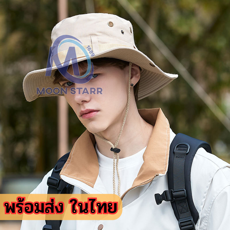 ร้านไทยพร้อมส่ง 🎬 หมวกเดินป่า หมวกปีกกว้าง กันแดด เนื้อผ้าคอตตอน มีกระดุมติด 🎨 ปรับสายได้ 4สี ms99