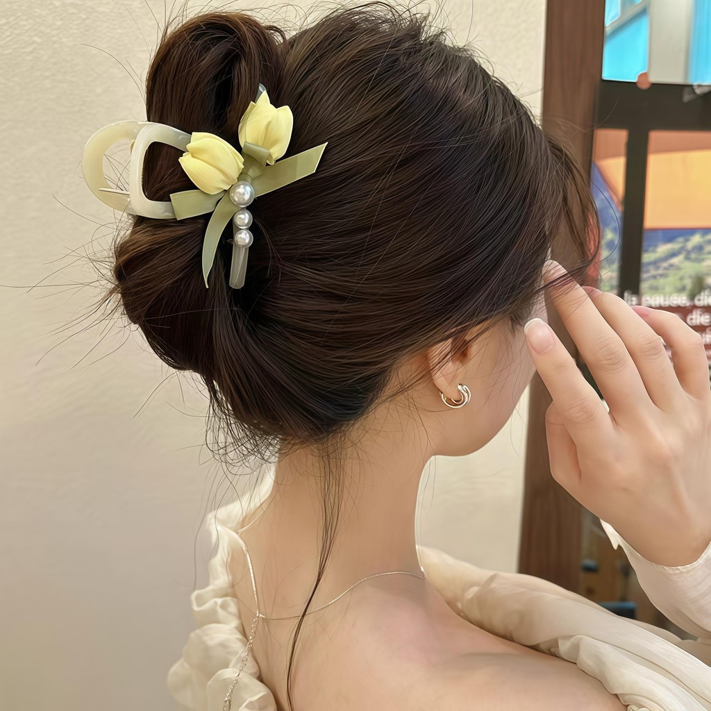 กิ๊บหนีบผม สีที่หลากหลาย🌷 ทิวลิปดอกไม้ การตกแต่งโบว์มุก หวานและอ่อนโยน🥰 คลิปฉลามสไตล์ดอกไม้ - รูปที่ 3