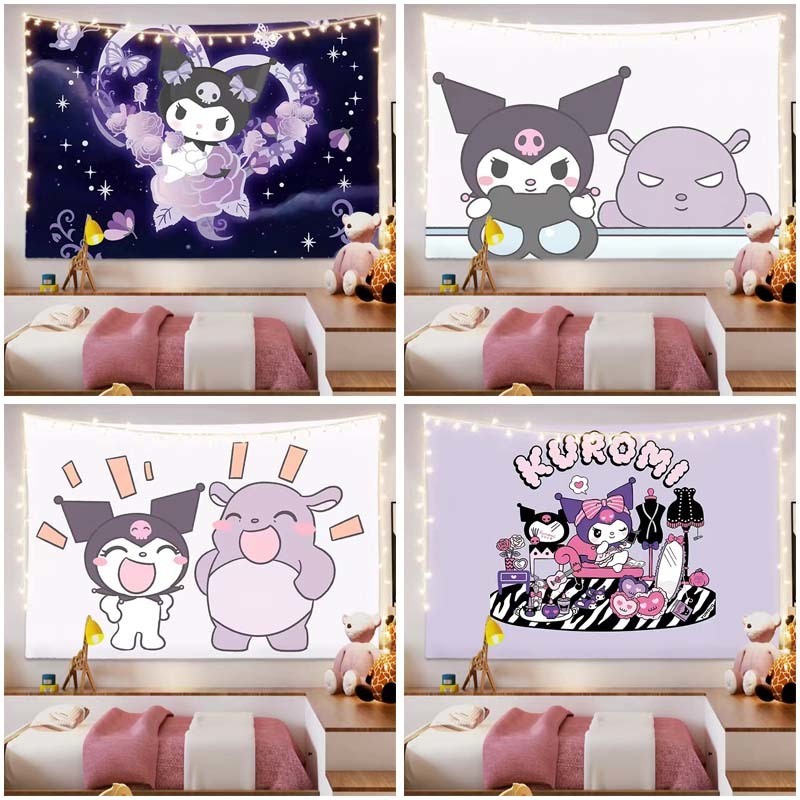 จัดส่งจากไทย ผ้าพื้นหลังการ์ตูน Agirl Kuromi ซานริโอ น่ารัก สำหรับห้องเด็ก ผ้าแขวน ตกแต่งห้องนอน หอพัก การจัดผนัง