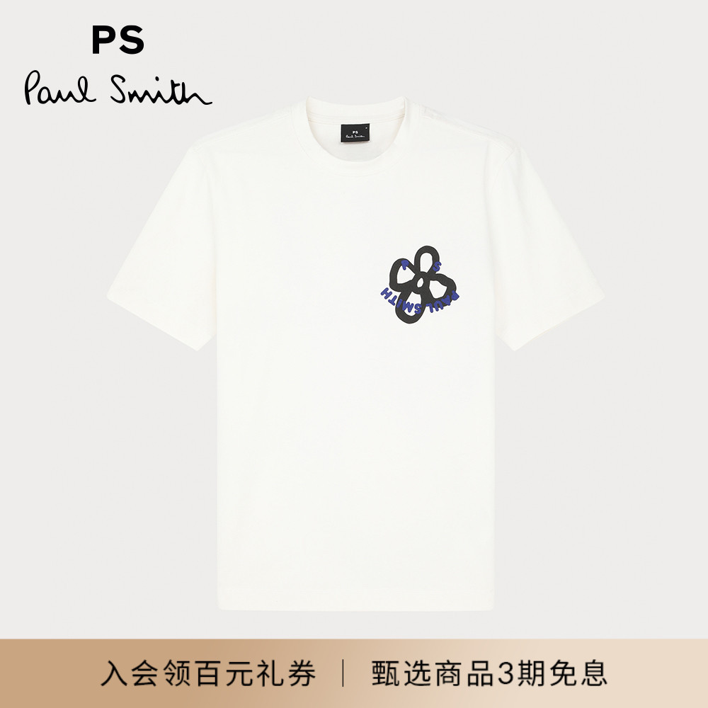 PS Paul Smith ผู้ชายรุ่นปกติหน้ายิ้มลายดอกไม้เสื้อยืดแขนสั้นฤดูร้อนผ้าฝ้ายแท้ระบายอากาศได้