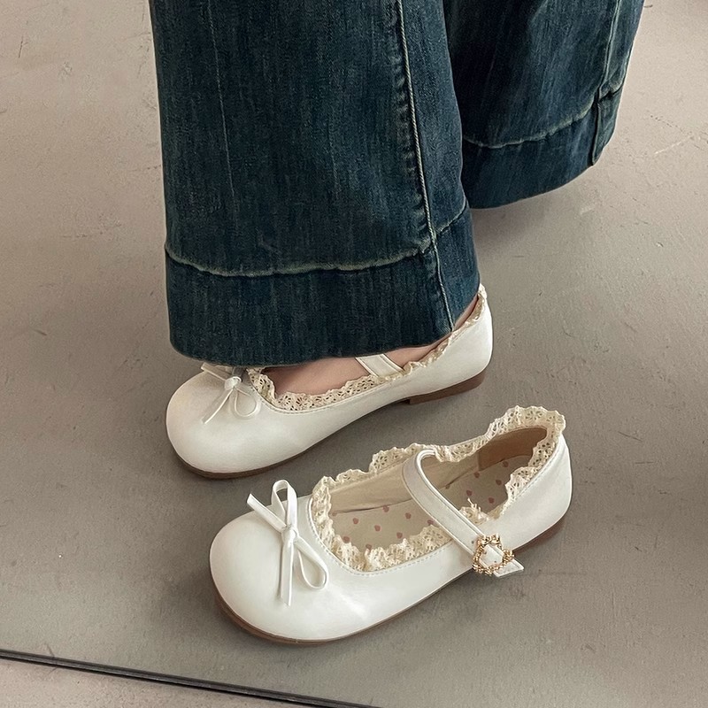 รองเท้าหนังส้นแบนหัวกลมสไตล์เรโทร รองเท้า Mary Jane พื้นนุ่มสไตล์ฝรั่งเศส