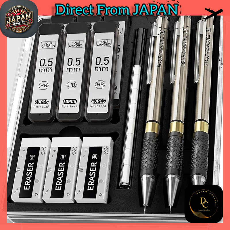 Four Candies Metal Mechanical Pencil Set with Eraser - 3 Pencils (0.5mm, 0.7mm, 0.9mm) with 360 HB L