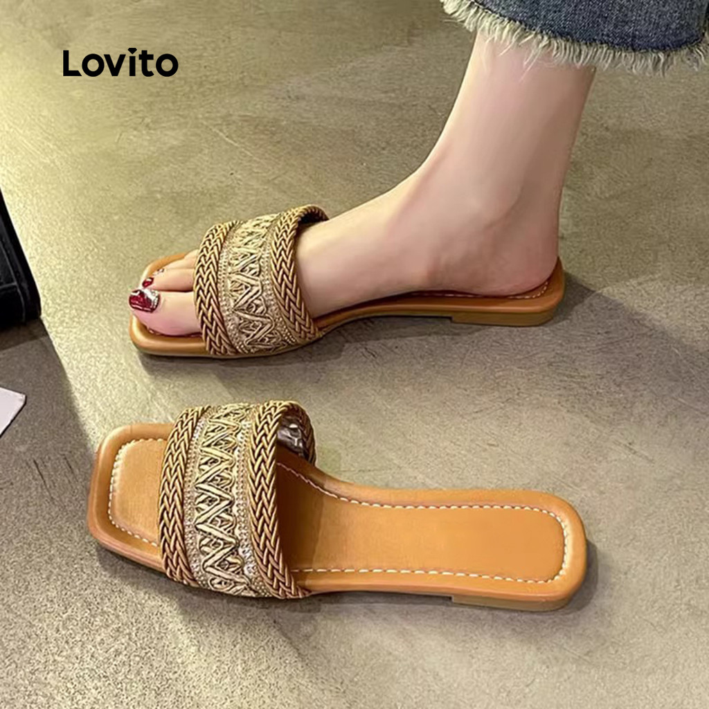 (Trendy) Lovito โบโฮ ธรรมดาสไตล์ชาติพันธุ์ฟางดูดซับเหงื่อสวมรองเท้าแตะนอกวันหยุดเดินทางรองเท้าแตะแบน