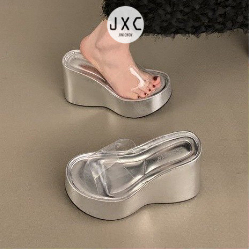 แฟชั ่ นเกาหลี Ulzzang รอบ Toe Super รองเท ้ าส ้ นสูงโปร ่ งใสเปิดนิ ้ วเท ้ ารองเท ้ าแตะ PU สีทึบแฟชั ่ นสุภาพสตรีความสูงฤดูร ้ อน All-Match วันหยุดพักผ ่ อน Sli
