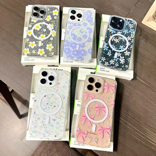 SwitchEasy เคส แม่เหล็ก ชาร์จได้ สำหรับiPHONE 11 12 13 14 15 16 Pro Max S24 S25 ultra PC ลายกลิตเตอร์ดอกไม้/ดาว/โบว์ชมพู
