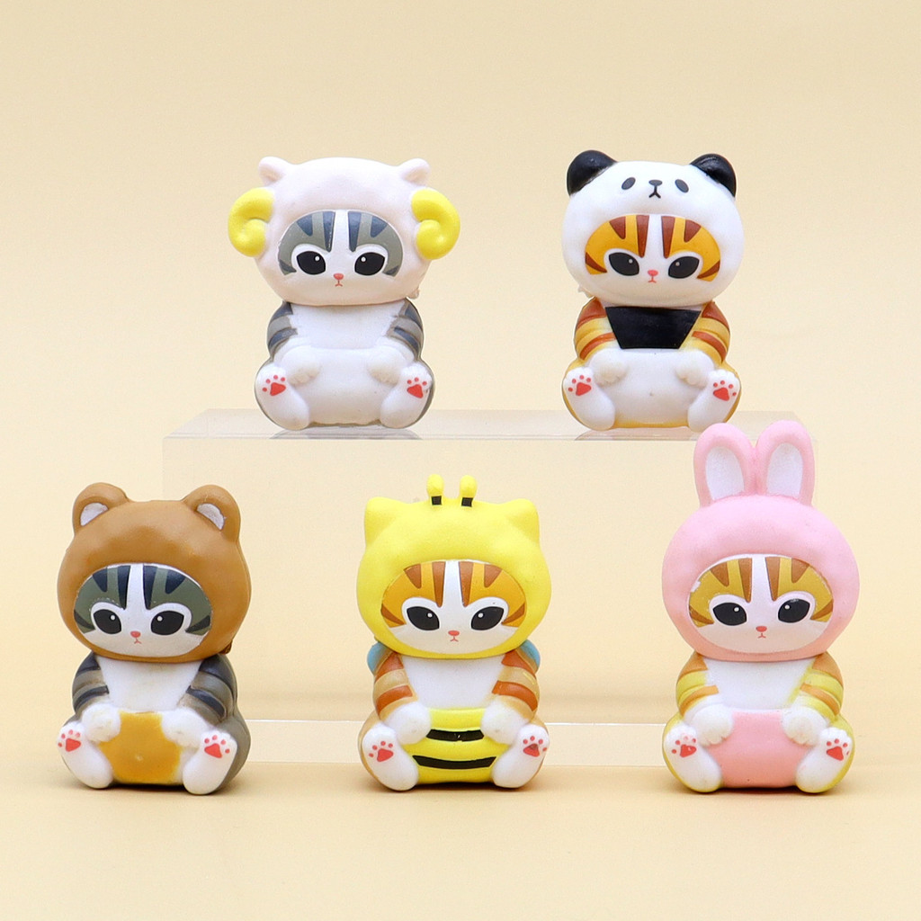 5 ชิ้น/เซ็ต 4.5 ซม.การ์ตูนอะนิเมะ Mofusand Shark Cat Bee Cat Panda Cat Rrabbit แกะ Raccoon รุ่น Q PVC ตัวเลขการกระทําตุ๊กตาของเล่น