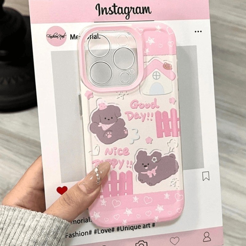 ปลอกสําหรับiPhone 16 15 14 13 12 11 Pro Max 16E XR X XS Max 7 8 Plus SE2 มินิน่ารักสุนัขมีความสุขGraffitiโบว์ดอกไม้รักเชอร์รี่ลูกสุนัขใสกันกระแทกTPU Soft Cover - รูปที่ 3