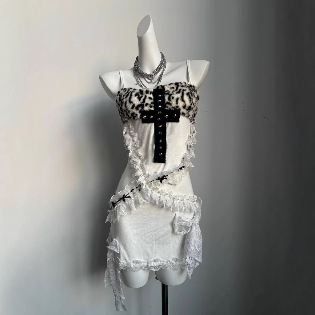 ผู้หญิง Y2K เสือดาวออกแบบชุดลูกไม้ Vintage Slimming Halter Bodycon