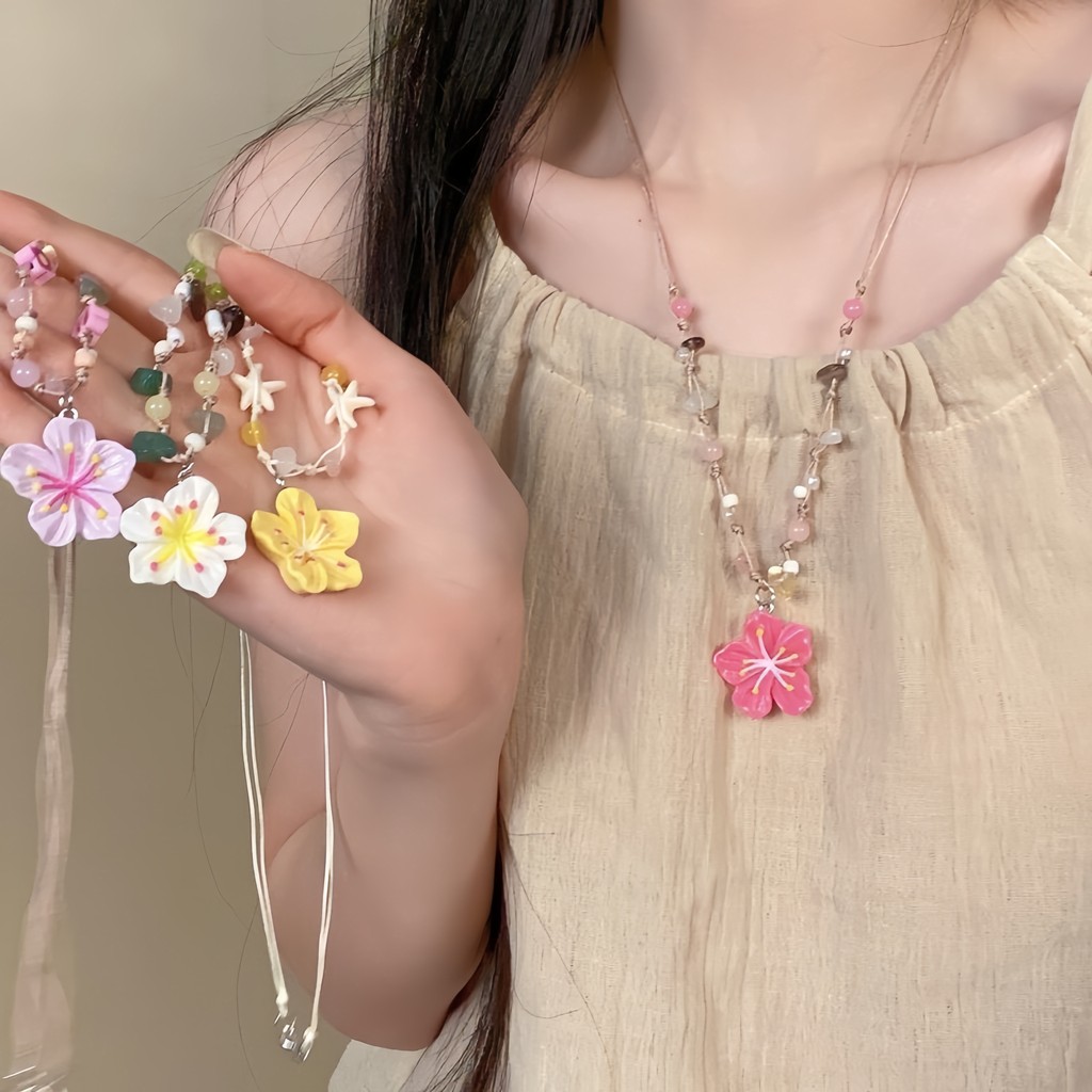 สร้อยคอ จี้ดอกไม้ การตกแต่งกรวดปลาดาว โซ่เชือก งานทอมือ สไตล์เกาหลี แฟชั่น กระดูกไหปลาร้า