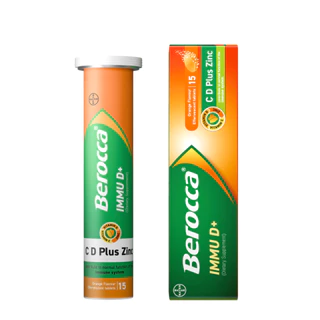 BEROCCA IMMU D+ C , D Plus Zinc (บีรอคคา อิมมู ดี พลัส ผลิตภัณฑ์เสริมอาหาร) เม็ดฟู่รสส้ม 15 เม็ด[IP]