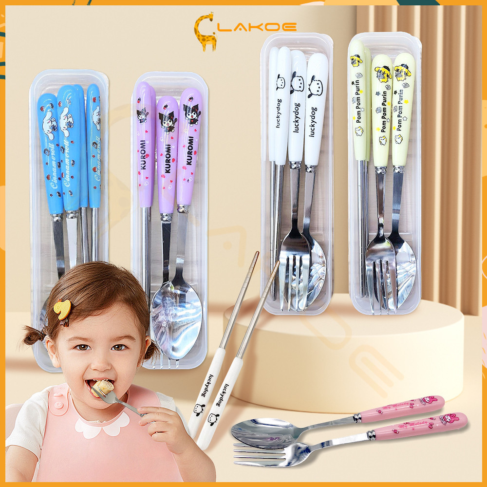 LAKOE ช้อนส้อม ชุดช้อนพกพา ช้อนกับส้อม โต๊ะอาหารรูปแบบการ์ตูนพร้อมกล่อง ชุดช้อนส้อม เด็ก ชุดช้อนส้อมเด็กอนุบาล
