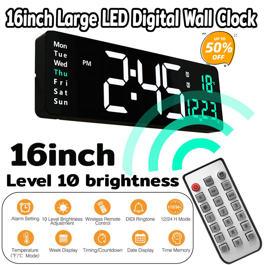 KF 16 inch Large LED Digital Wall Clock Rechargeable Digital Wall Clock With Date Remote