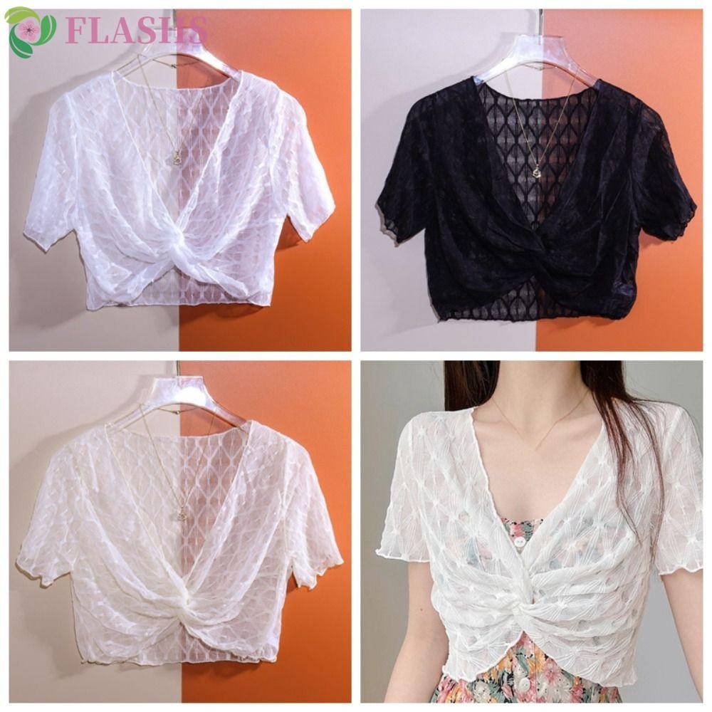 Flashsyn Hollow Out Crop Top,แขนสั้นคอวีลูกไม้Pullover Top,แฟชั่นตาข่ายชายหาดสวมใส่บางป้องกันแสงแดดผ