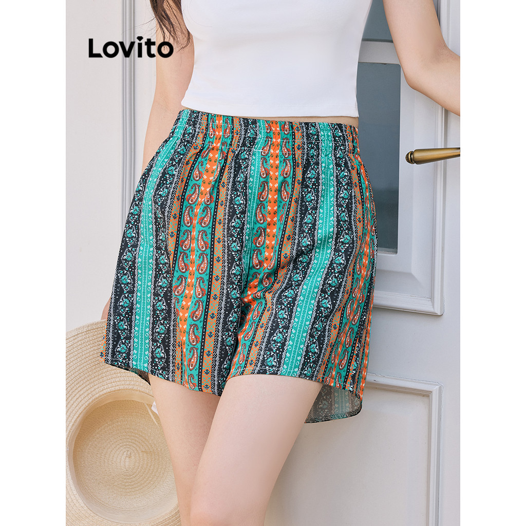 Lovito รูปแบบการพิมพ์ชนเผ่าโบโฮสั้นสำหรับผู้หญิง L95ED037