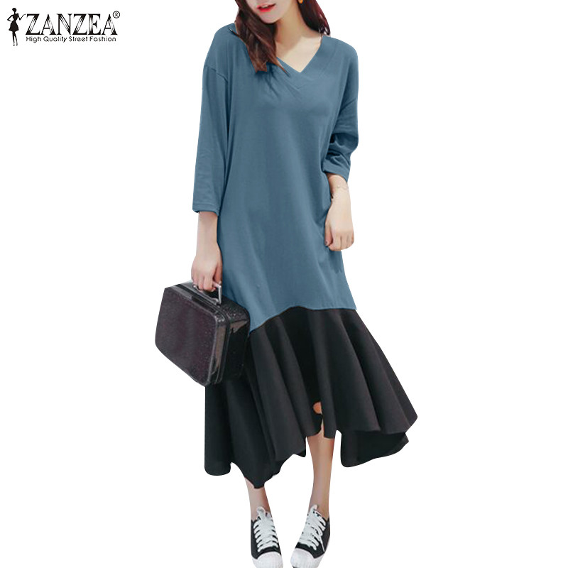 Zanzea ชุดเดรสคอกลมแขนสั้นลําลองเกาหลีสําหรับผู้หญิง