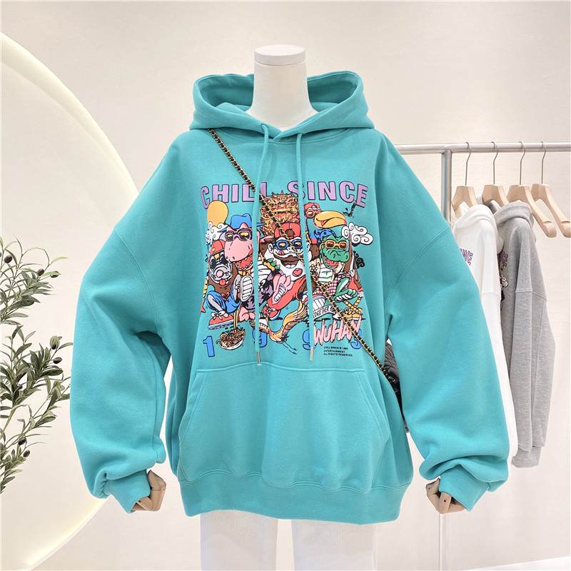 ย้อนยุคการ์ตูนแขนยาวเสื้อสวมหัว ไม่จํากัดเพศ หลวมเสื้อกันหนาวฤดูใบไม้ร่วง/ฤดูหนาวเสื้อลําลอง